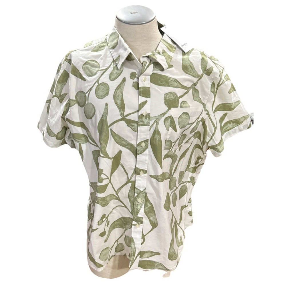 Goddfellow Mens Shirt Slim XXL White Green Tropical Short Sleeves Button Up